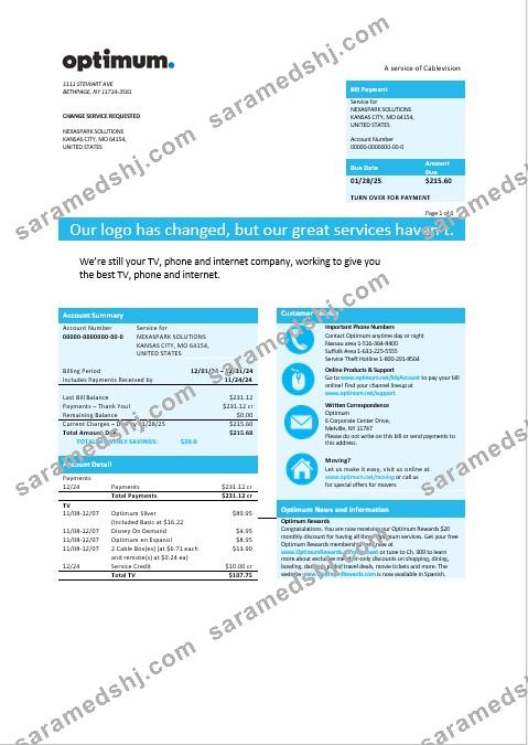 USA New York Optimum cablevision business utility bill template in Word and PDF formats